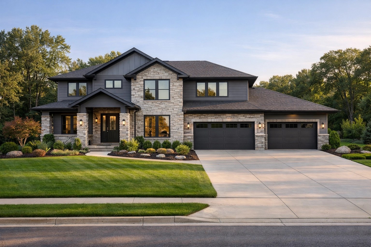 Modern two-story house for sale in Montgomery County Ohio with high curb appeal and landscaping.