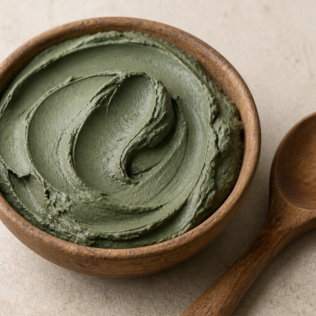 A close-up of rich green clay paste