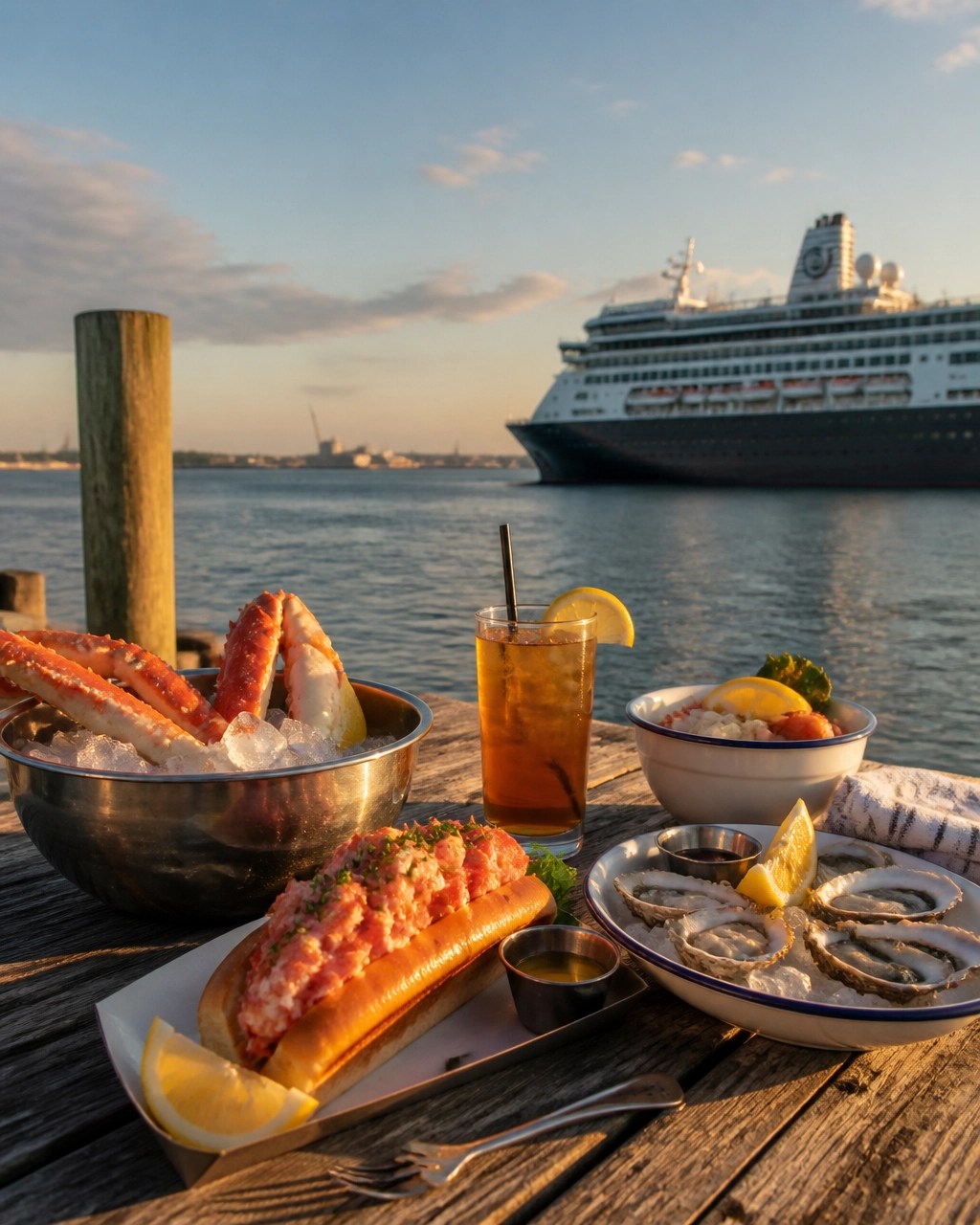 Waterfront seafood spread with lobster roll, crab legs, and a cruise ship beyond Brooklyn Harbor