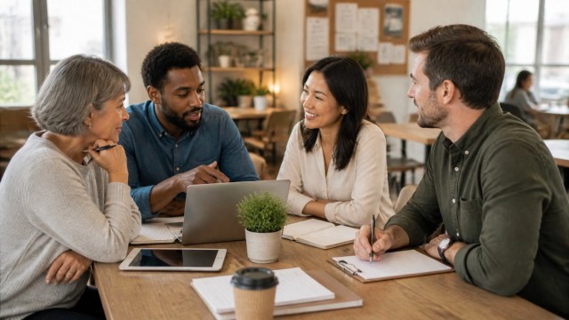 Professionals from different industries discussing practical AI use in a shared workspace
