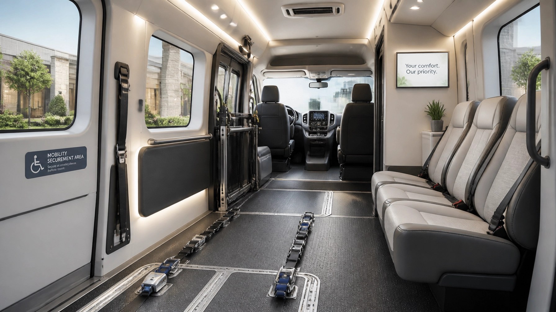 The interior of a spacious, clean, and modern medical transport vehicle showing wheelchair securement