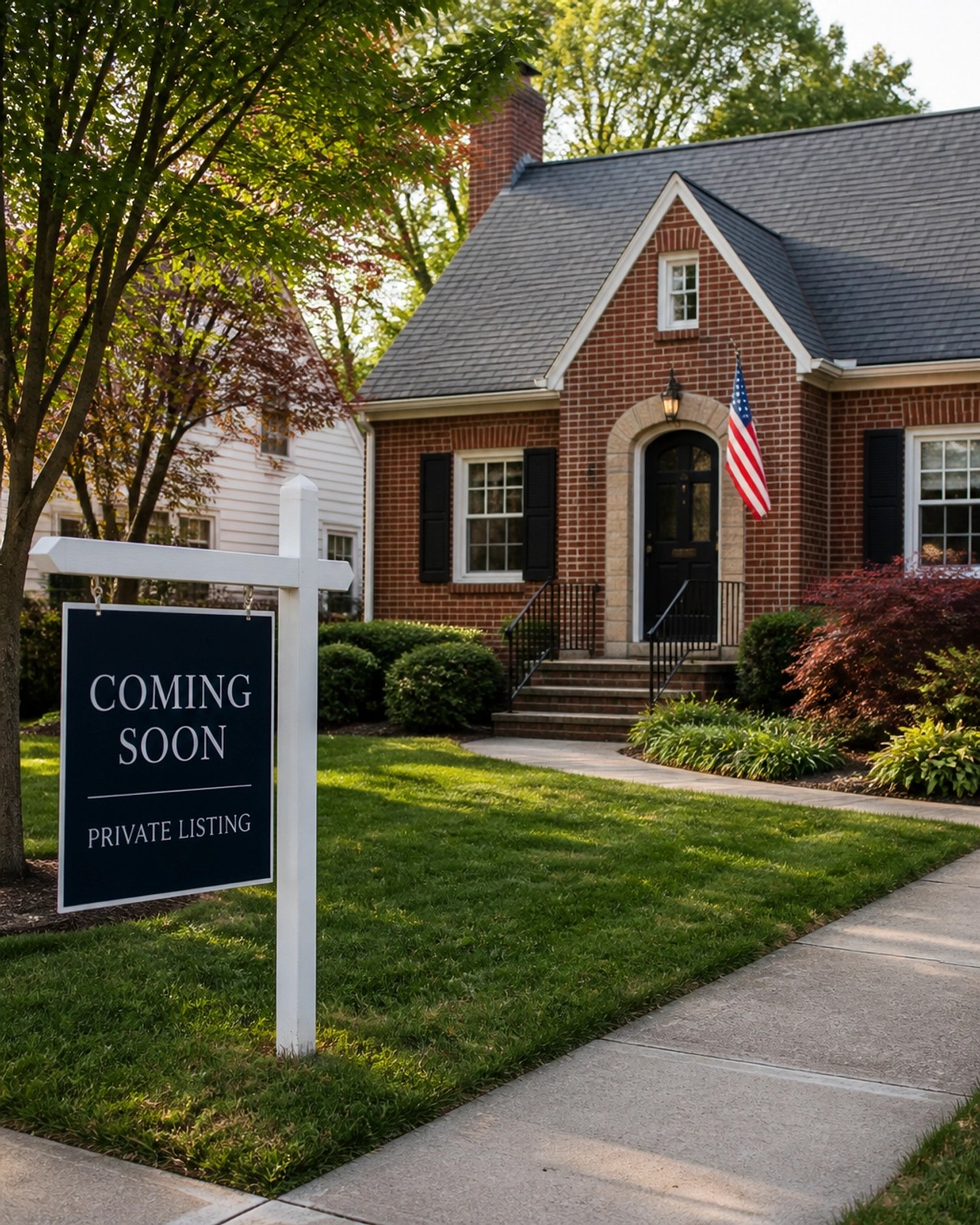 An older but well-kept brick house with a Coming Soon sign