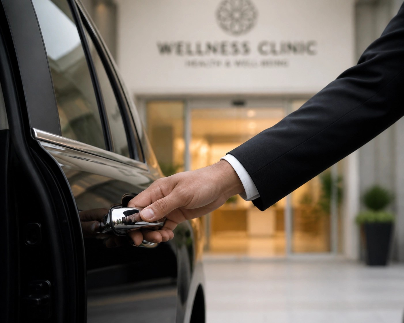 Professional chauffeur opening a car door for a patient arriving at a medical clinic.