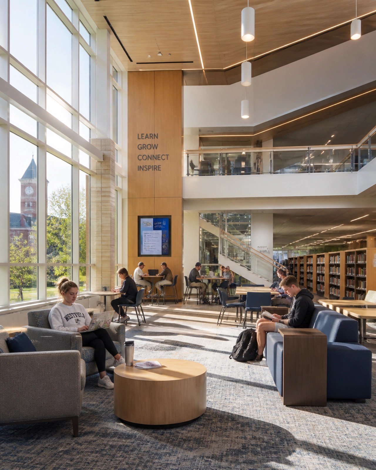 A bright and wide-angle view of a modern college student lounge with large windows.