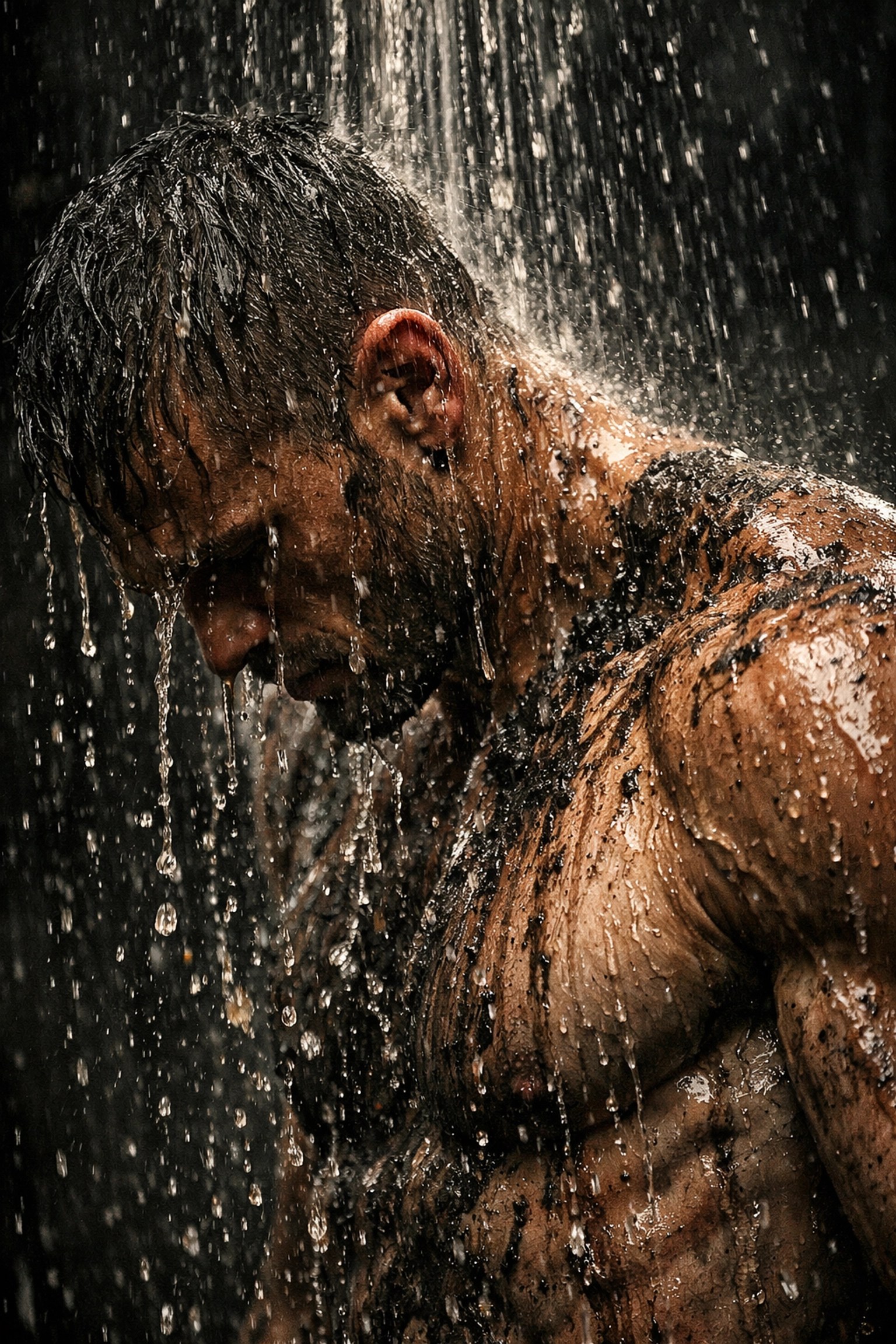 Athlete washing off sweat and grit with mineral-rich clay body wash for a total recovery reset.