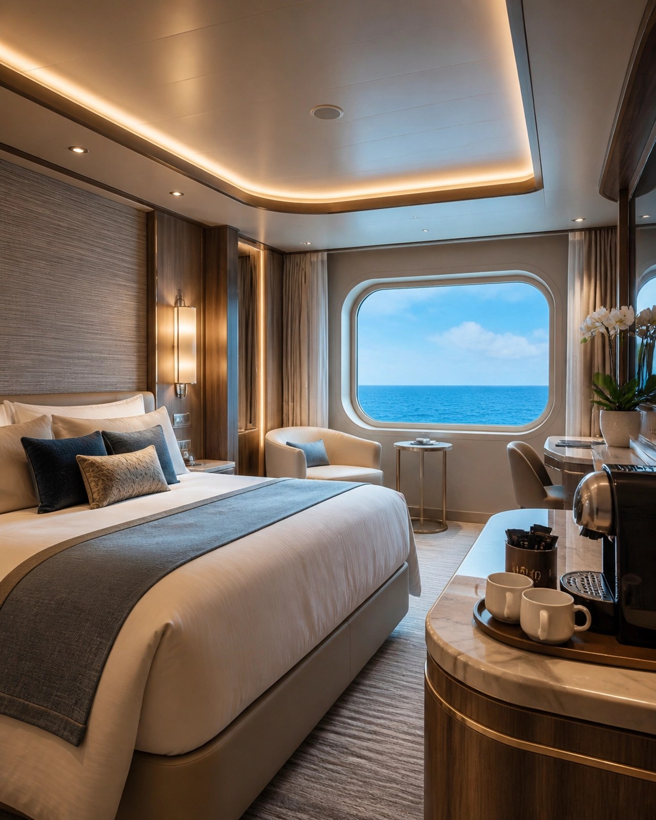 A sleek, modern luxury cruise suite focusing on high-end textures and ocean views