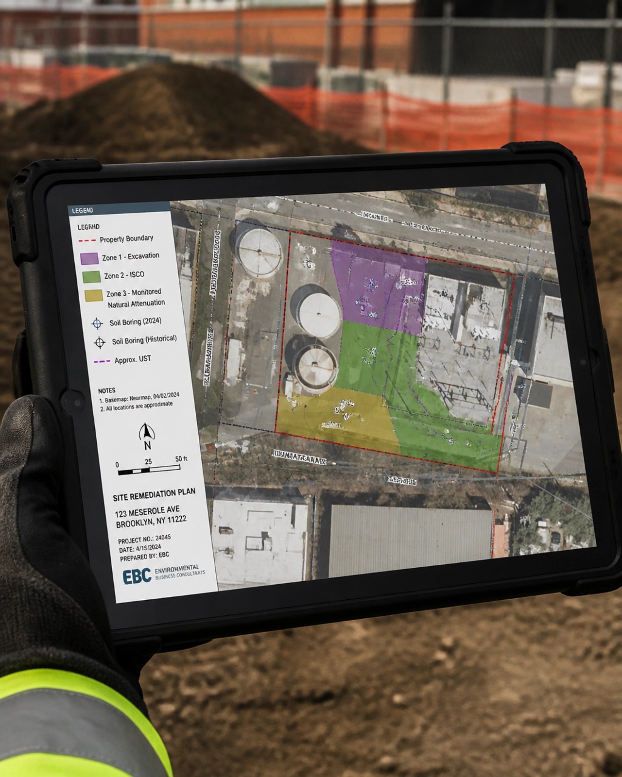 GIS mapping visual on a rugged tablet showing color-coded remediation zones at an urban NJ redevelopment site.