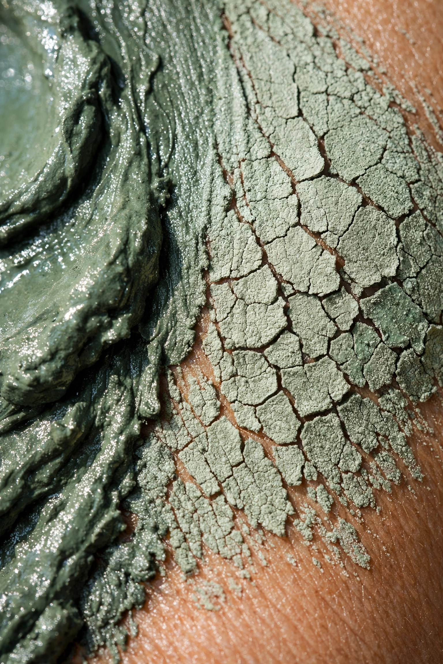 Detailed close-up of a green clay mask drying on skin to naturally detoxify and clear impurities from pores.