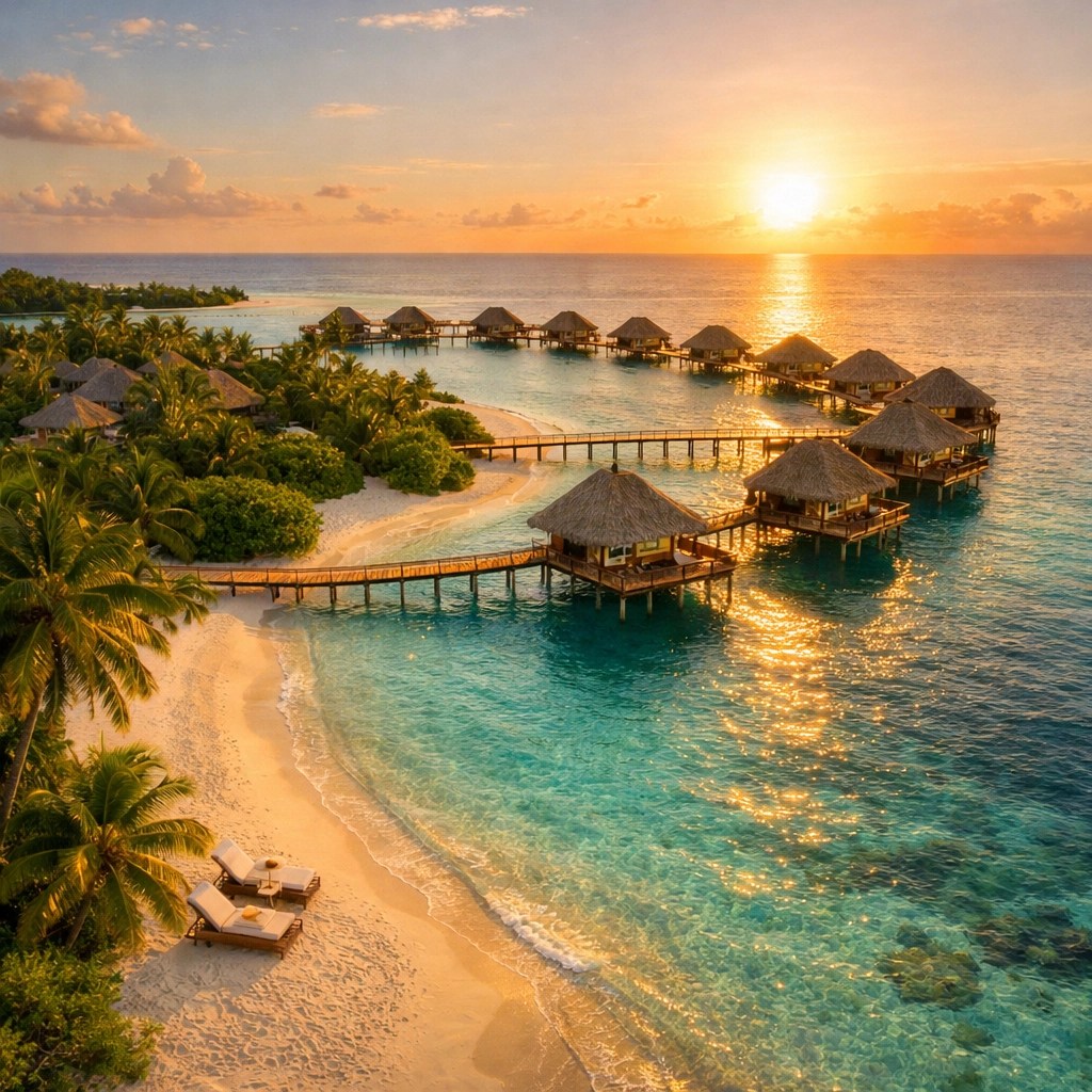 Aerial view of luxury private island with overwater bungalows and turquoise Caribbean waters