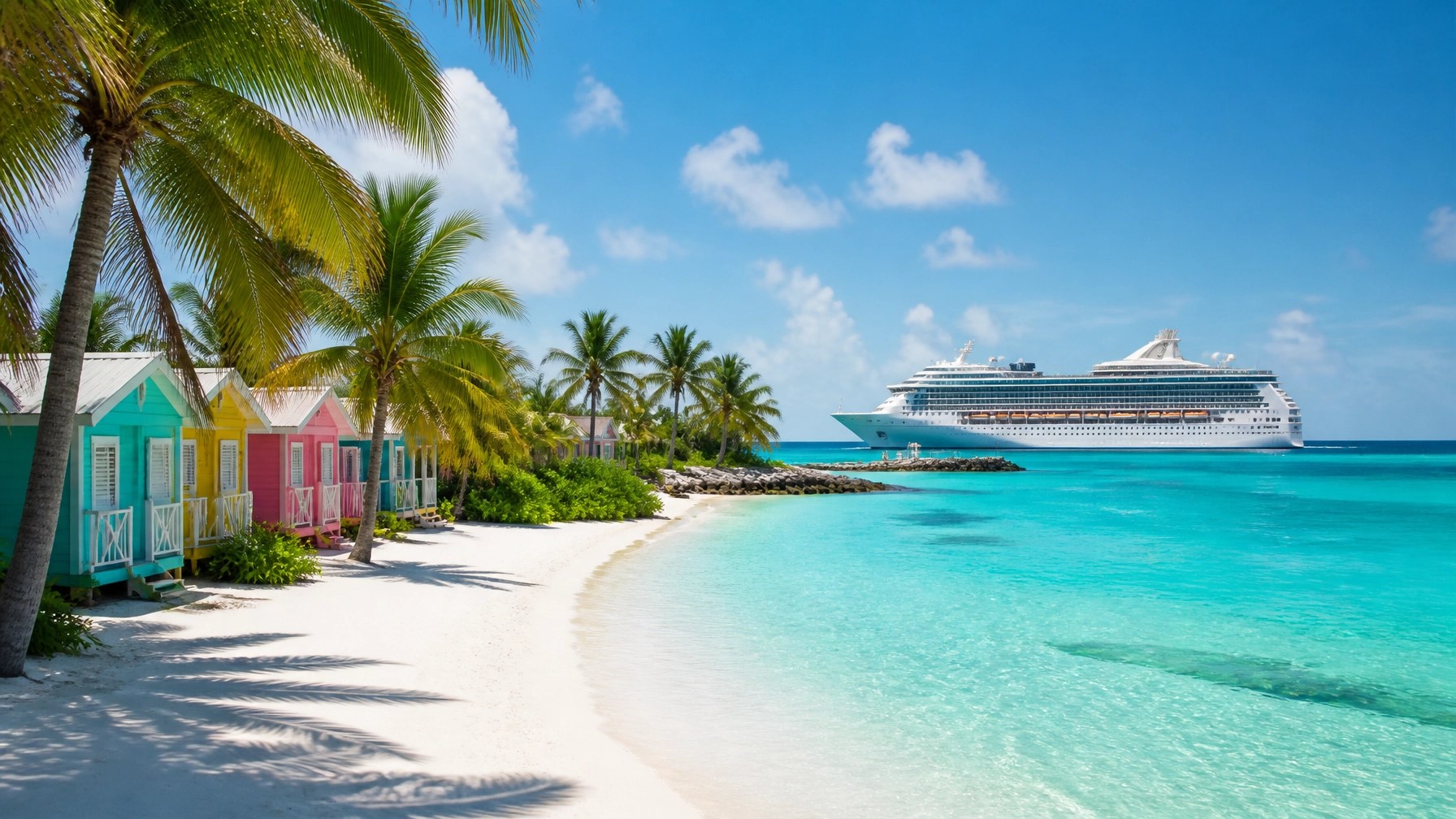 A pristine Bahamian beach with a cruise ship anchored offshore in turquoise water