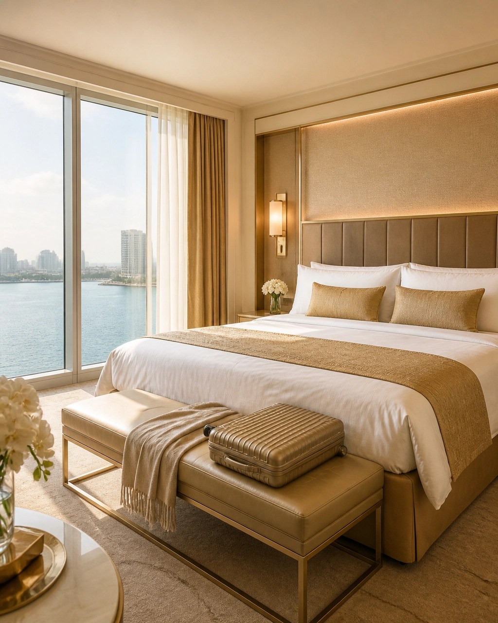 Serene luxury hotel suite prepared for a pre-cruise night