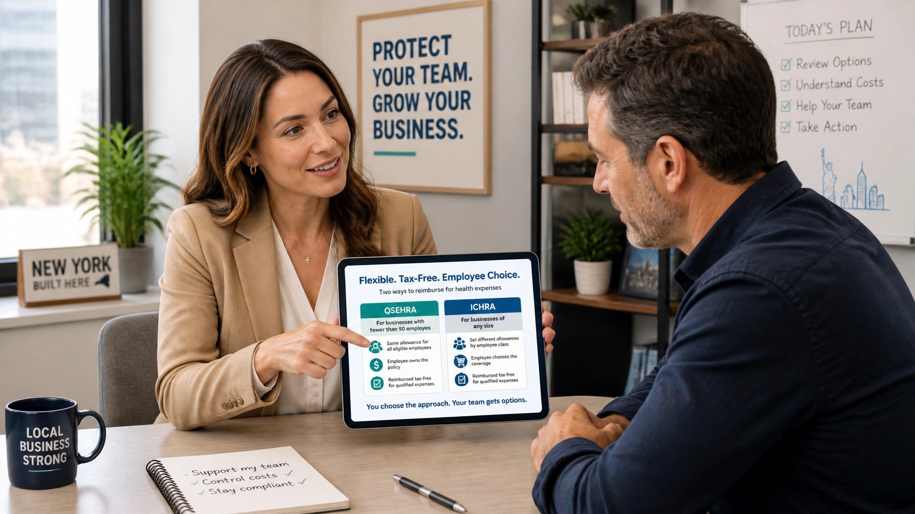 Friendly insurance advisor explaining QSEHRA and ICHRA reimbursement options