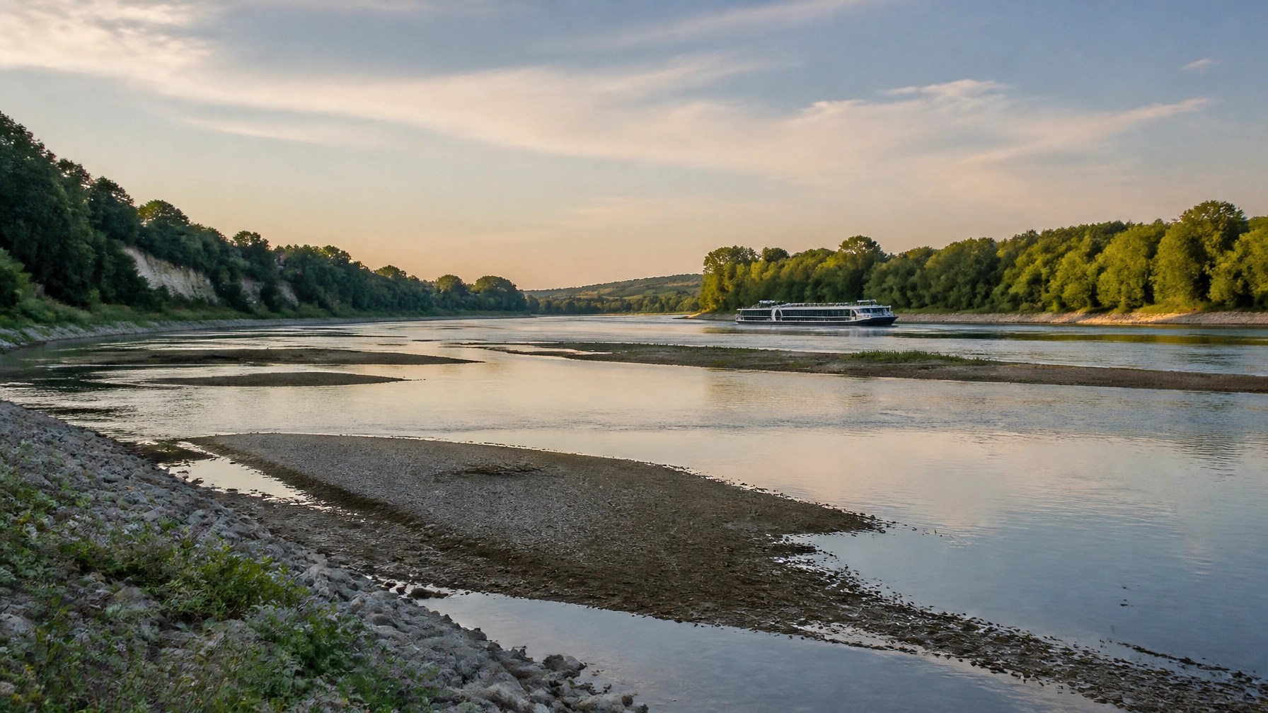 The Danube near Pfelling during low-water conditions, with exposed banks and a distant river vessel