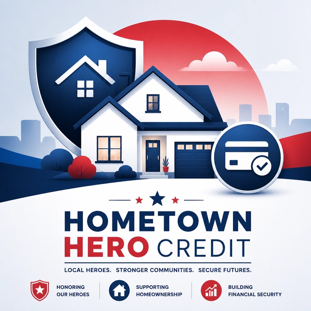 A professional illustration of a house with a protective shield, representing the financial security provided by the Hometown Hero Credit.