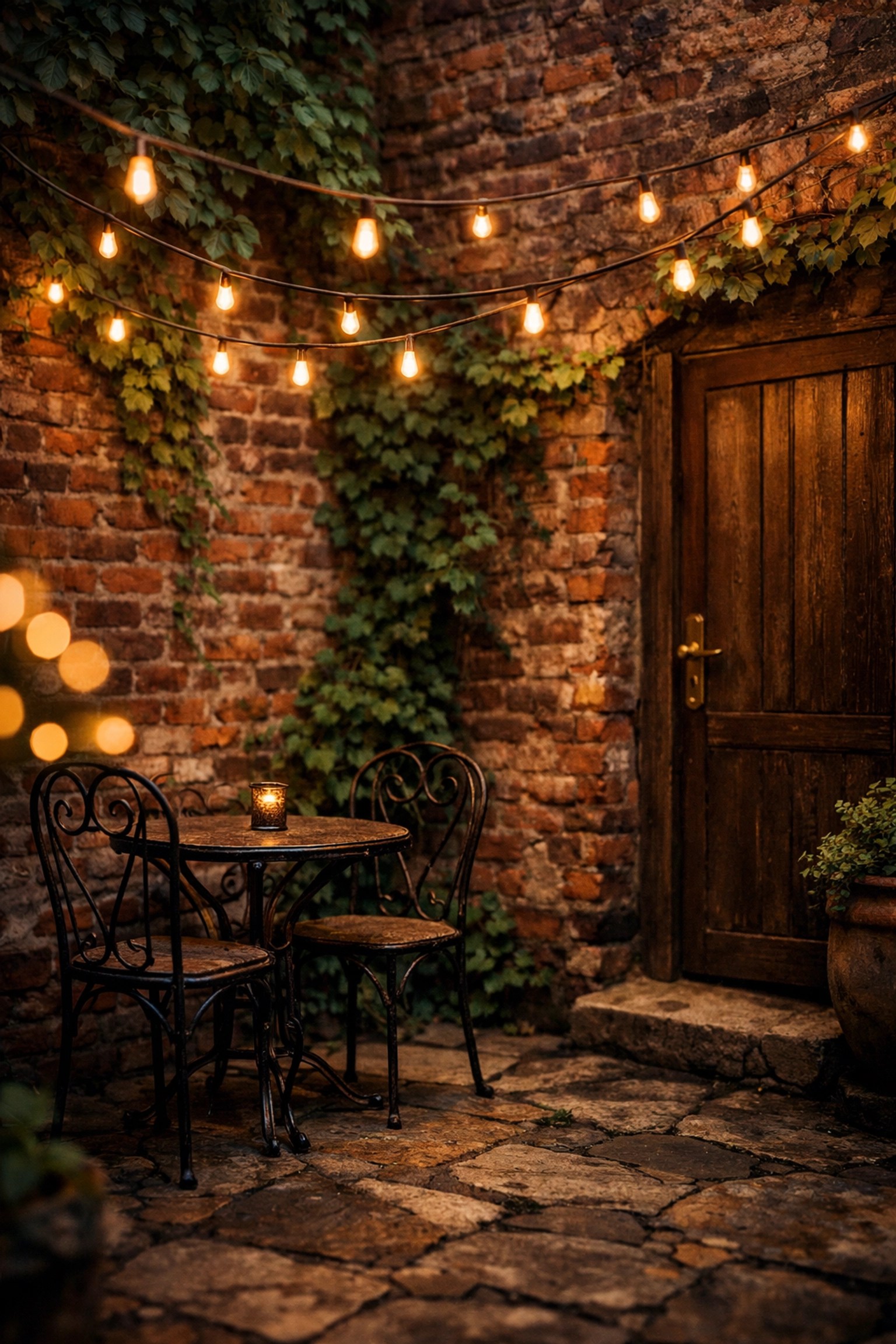 Atmospheric brick courtyard with string lights in the Kazimierz district of Krakow, Poland.