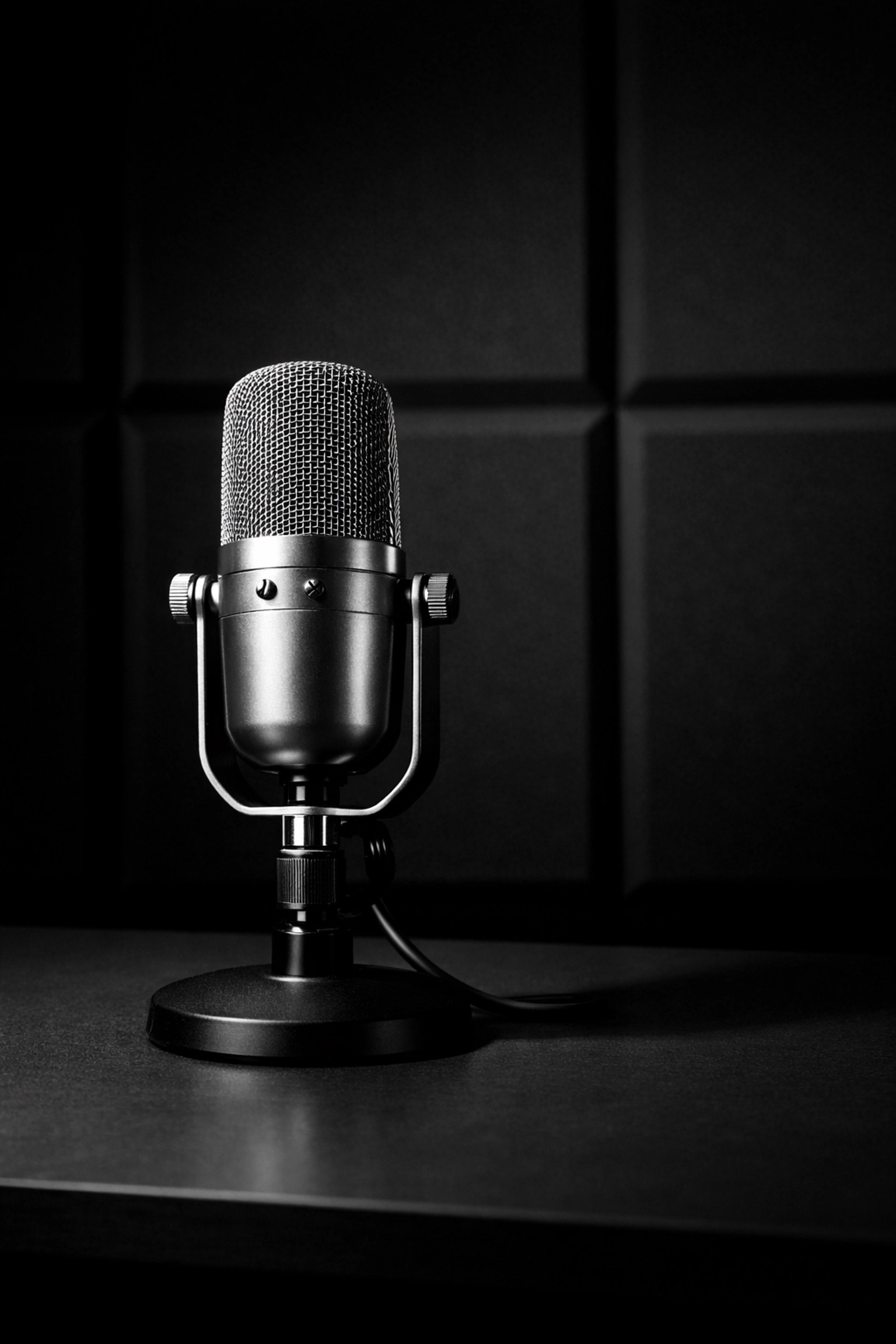 A professional silver broadcast microphone in a studio for PolitiKan Broadcasting sports coverage.