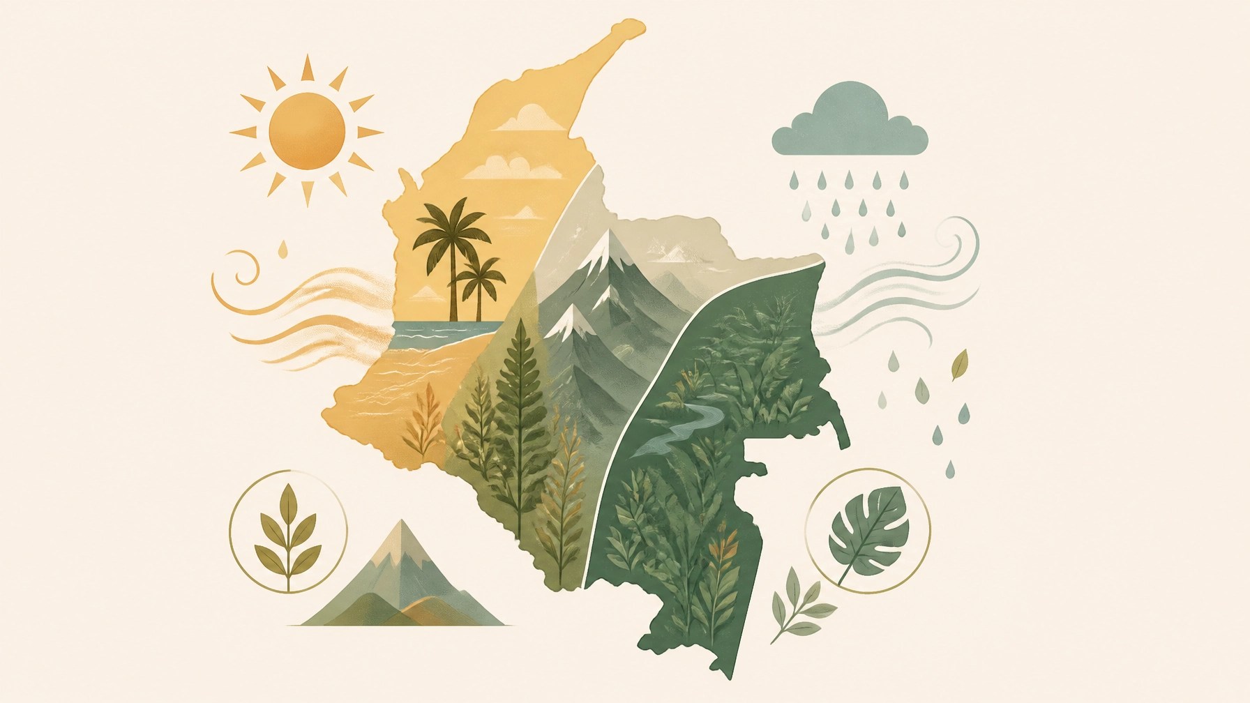 Ilustración editorial de los distintos climas y regiones de Colombia para adaptar las rutinas ayurvédicas