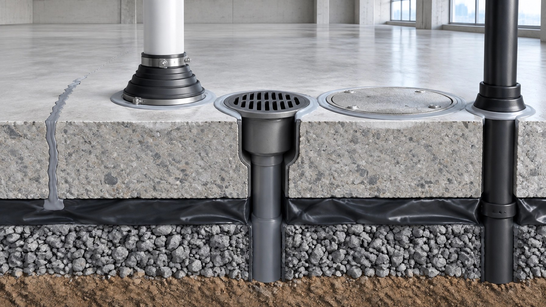 Technical close-up showing sealed slab cracks, utility penetrations, sump cover, and an SSD suction pipe sealed at the concrete slab