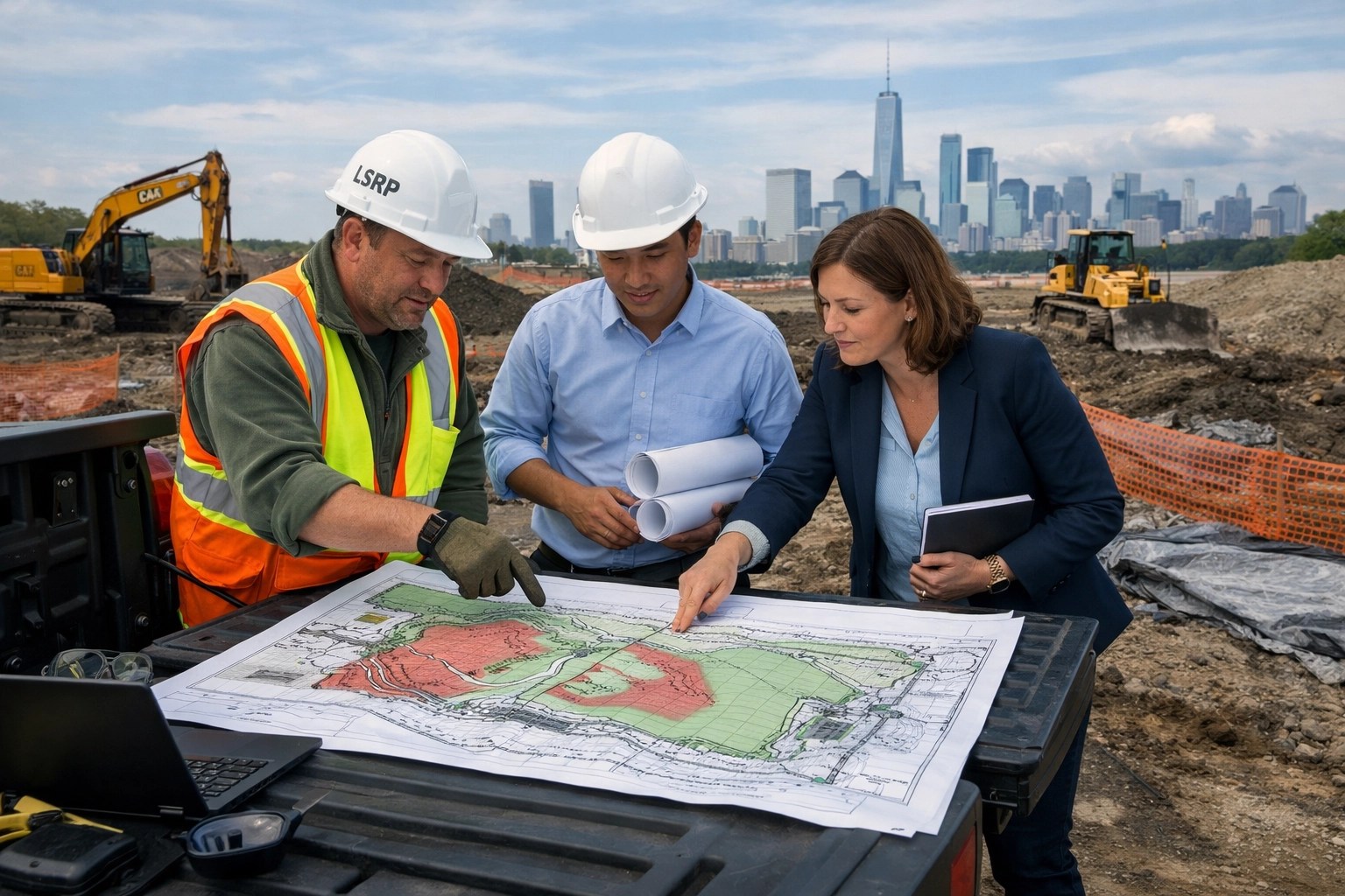 Integrated team meeting at NJ development site coordinating remediation and civil engineering plans