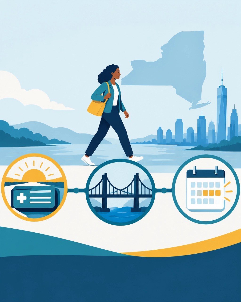Illustration of a New York health insurance transition timeline with a bridge between coverage options
