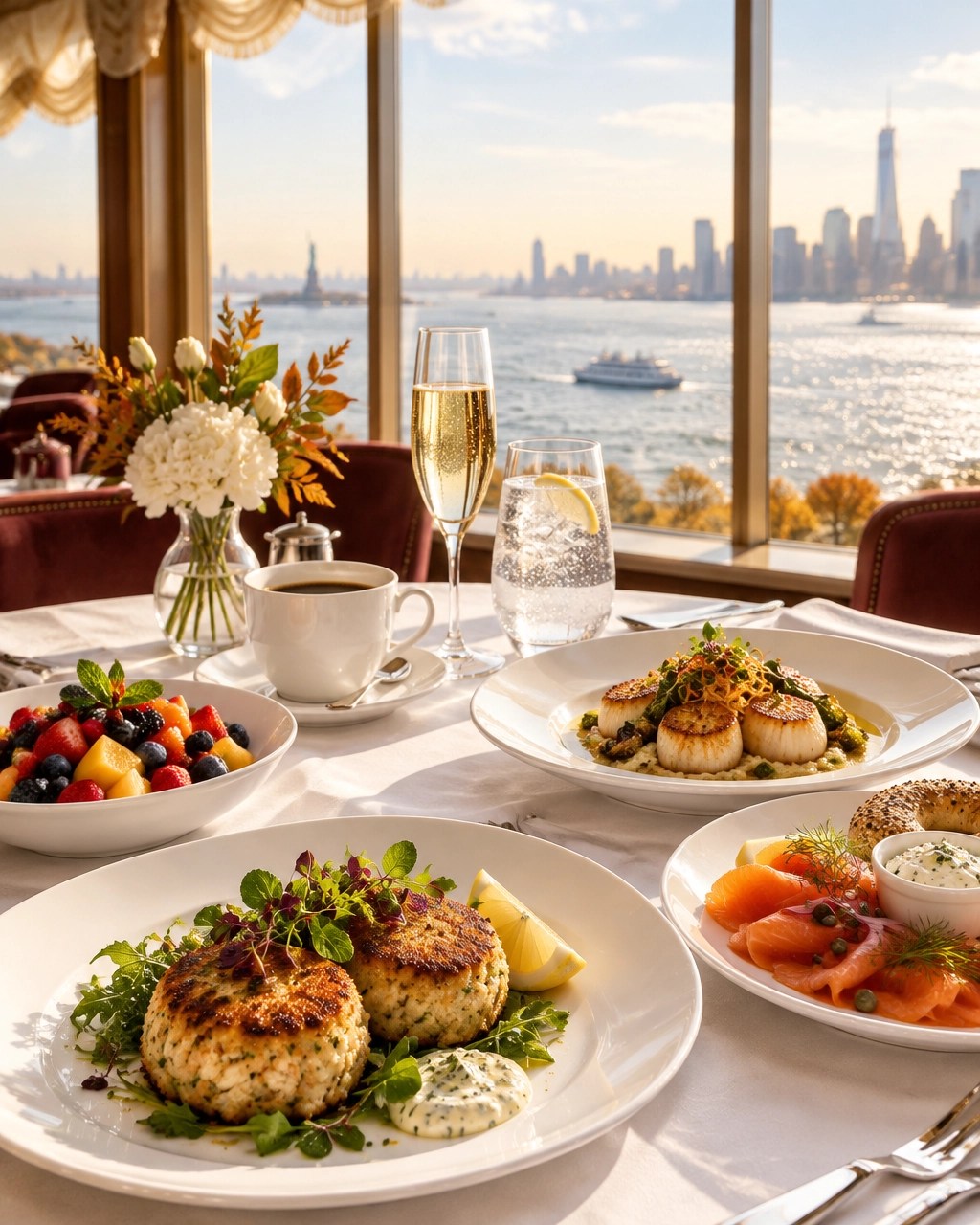 Post-cruise NYC brunch with crab, smoked fish, scallops, and harbor views