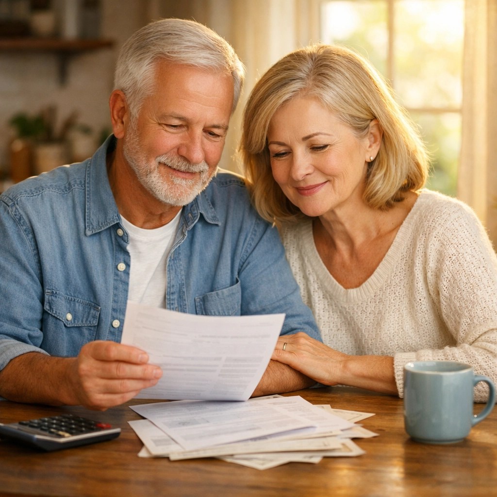 Retired couple reviewing retirement income planning documents at kitchen table with calculator