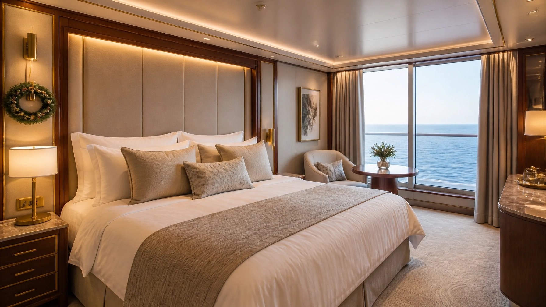 Warm, luxurious cruise suite interior with ocean-view window, refined bedding, and subtle holiday décor