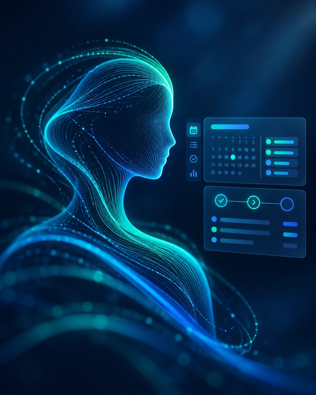 Nova, a MyGentic assistant, represented as a calm digital presence beside a scheduling and workflow interface