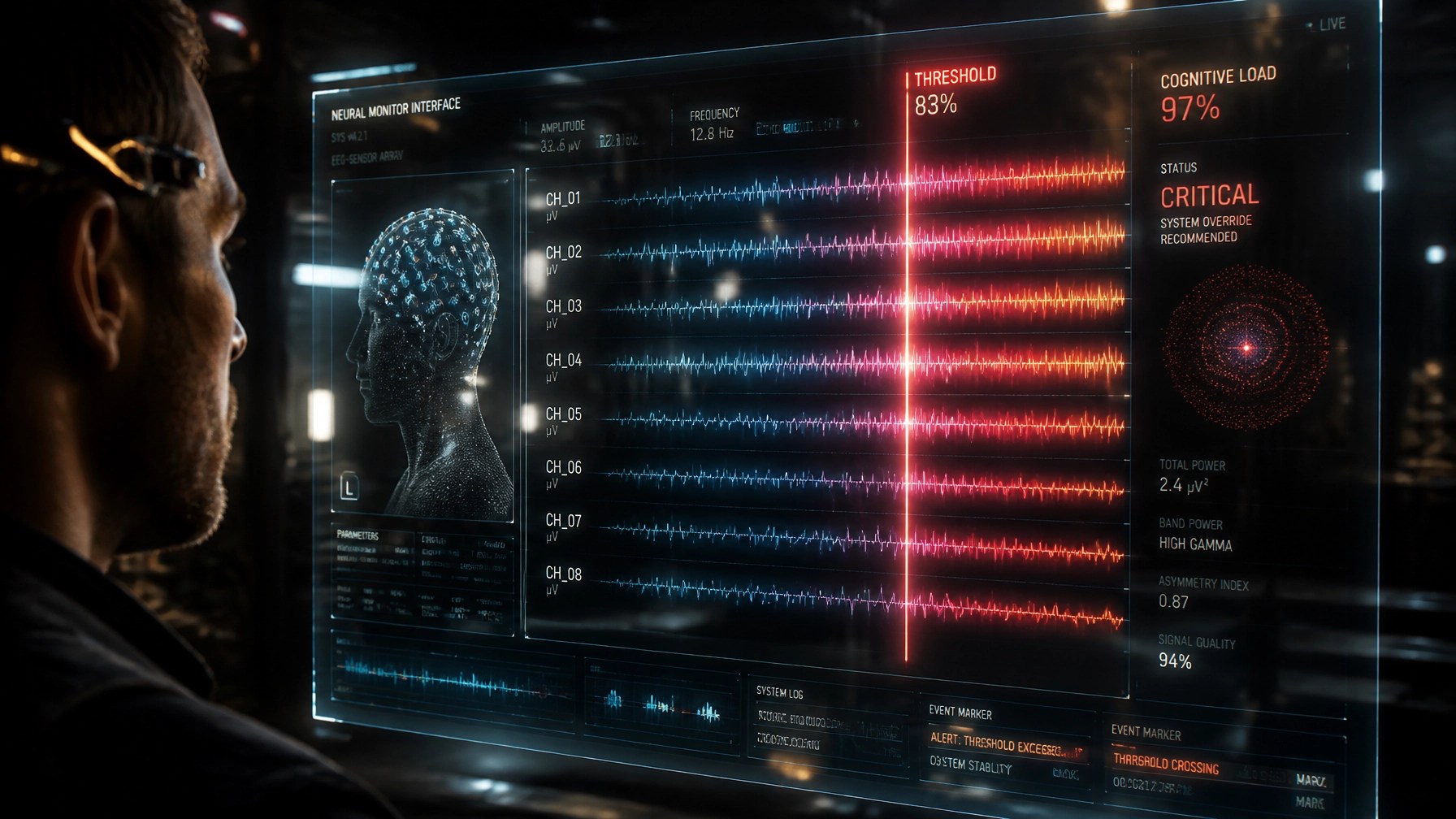 Futuristic biometric sensors tracking waveforms across a safety threshold