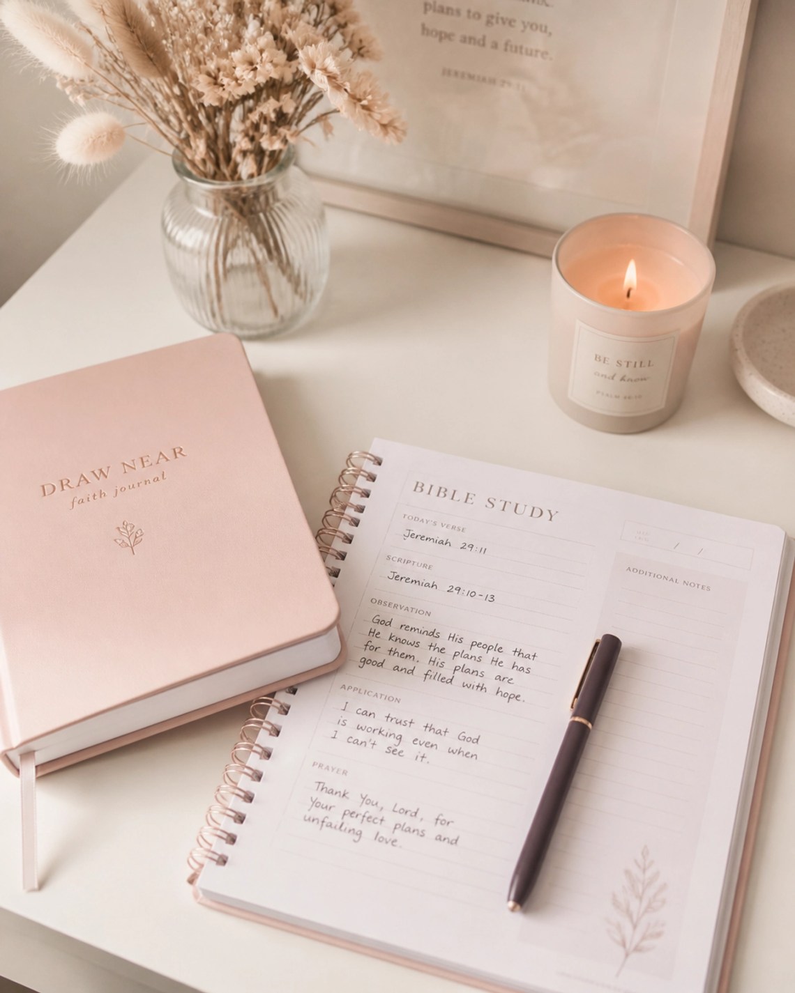 A woman's study space featuring a faith journal and a Bible study planner in soft pink and cream tones.