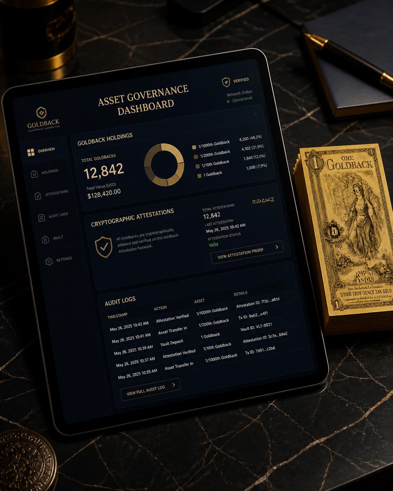 An Asset Governance Dashboard showing Goldback holdings and digital records