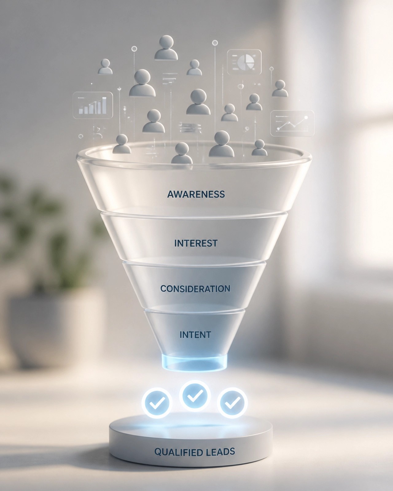 A sleek 3D illustration of a digital lead generation funnel where data points turn into high-quality, qualified leads.
