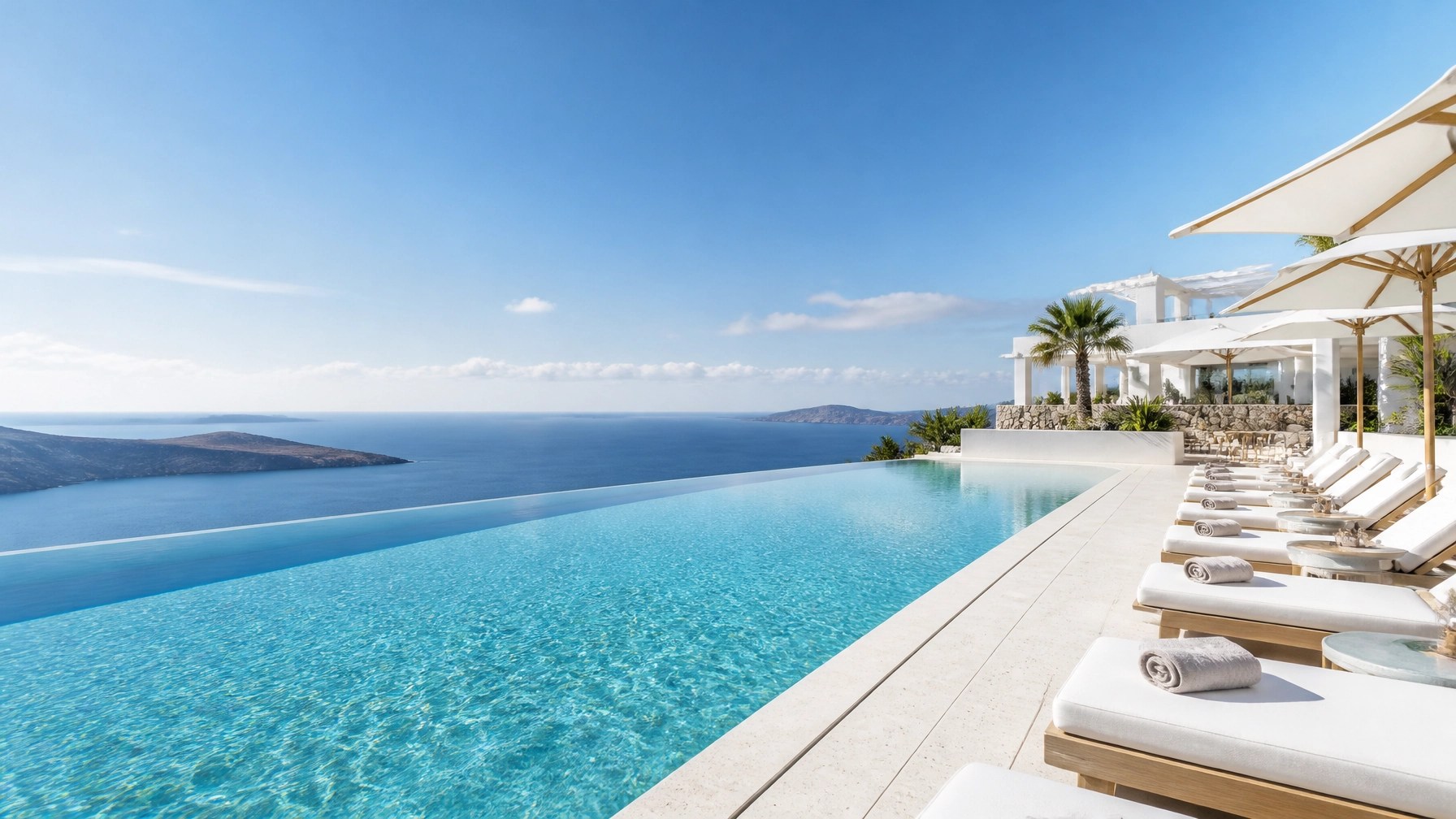 A wide panoramic photo of a hotel infinity pool overlooking a clear blue horizon in bright daylight.