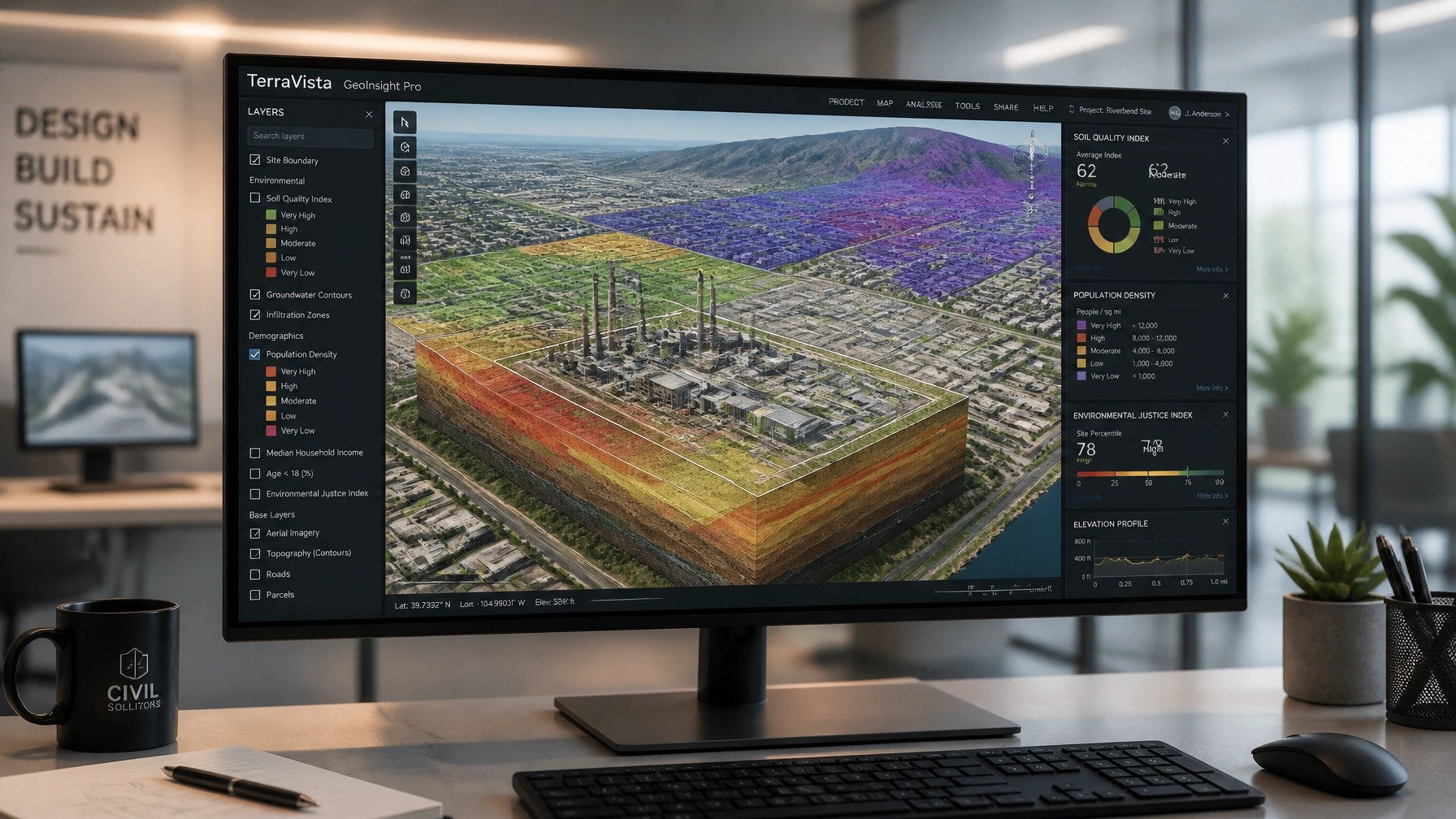 A widescreen monitor displaying 3D terrain modeling and GIS layers for site-civil planning