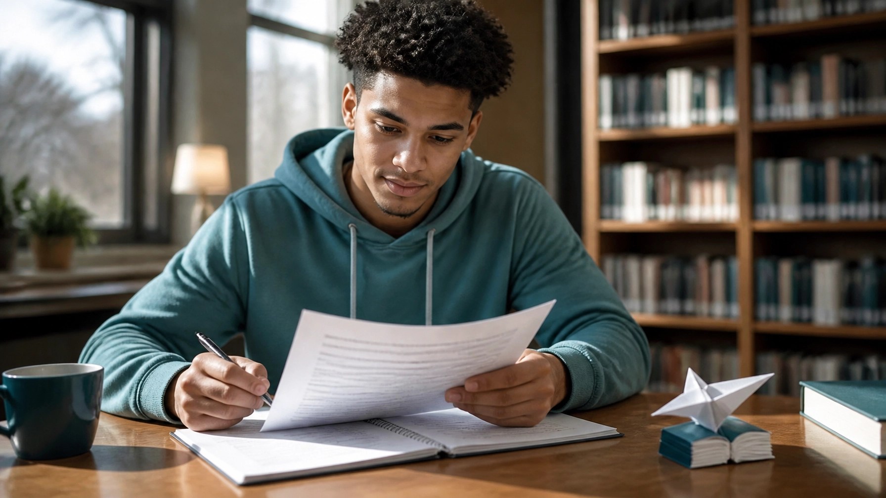 A college student revising a scholarship essay at a library table with a notebook and pen