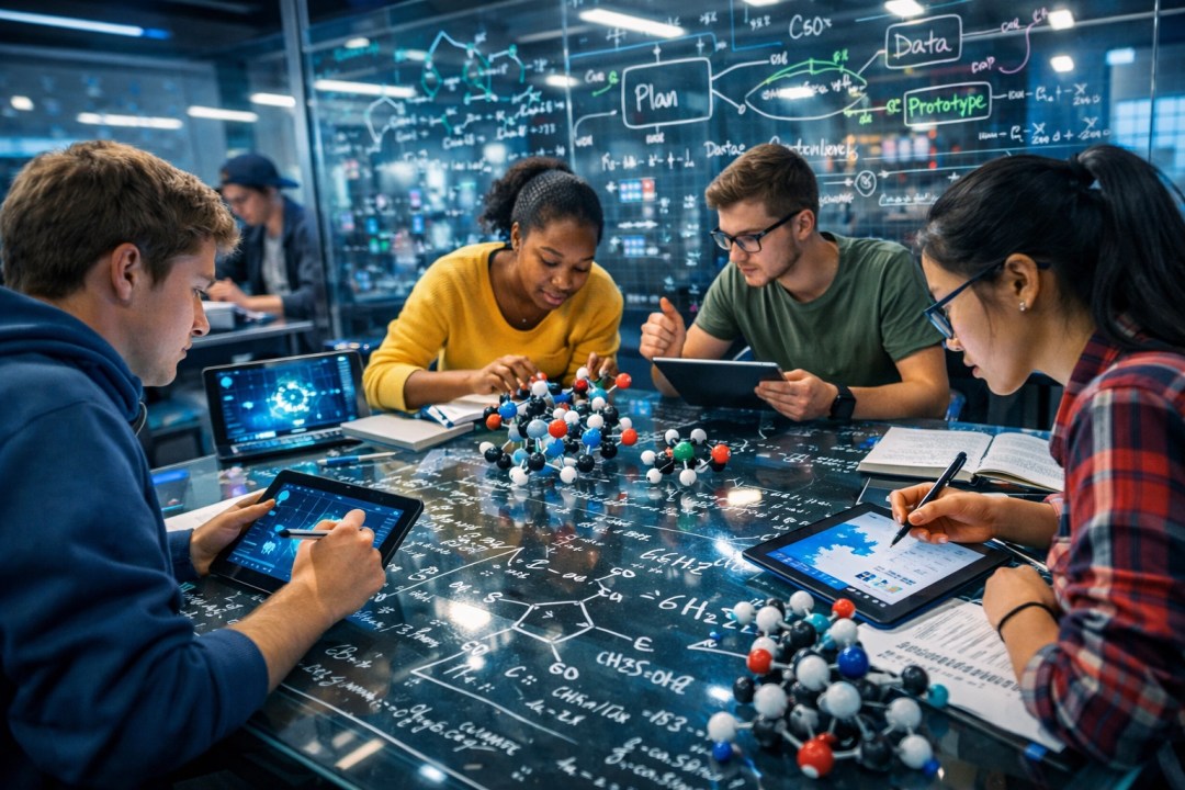 Focused students collaborating on complex chemical equations during an intensive STEM revision session.