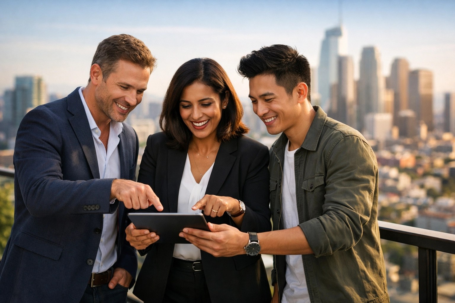 A diverse group of real estate investors and professionals collaborating on a high-rise balcony.