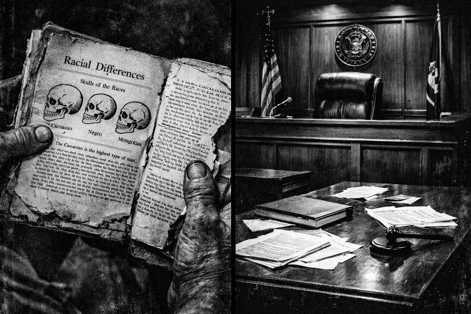 Debunked racial science textbook and modern courtroom illustrating how pseudoscience became policy