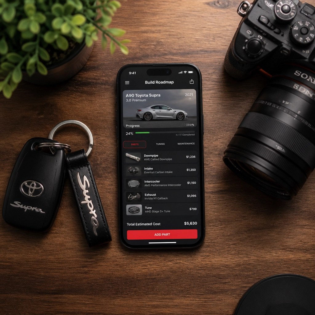 A smartphone displaying the WhipAI build roadmap next to car keys and a camera