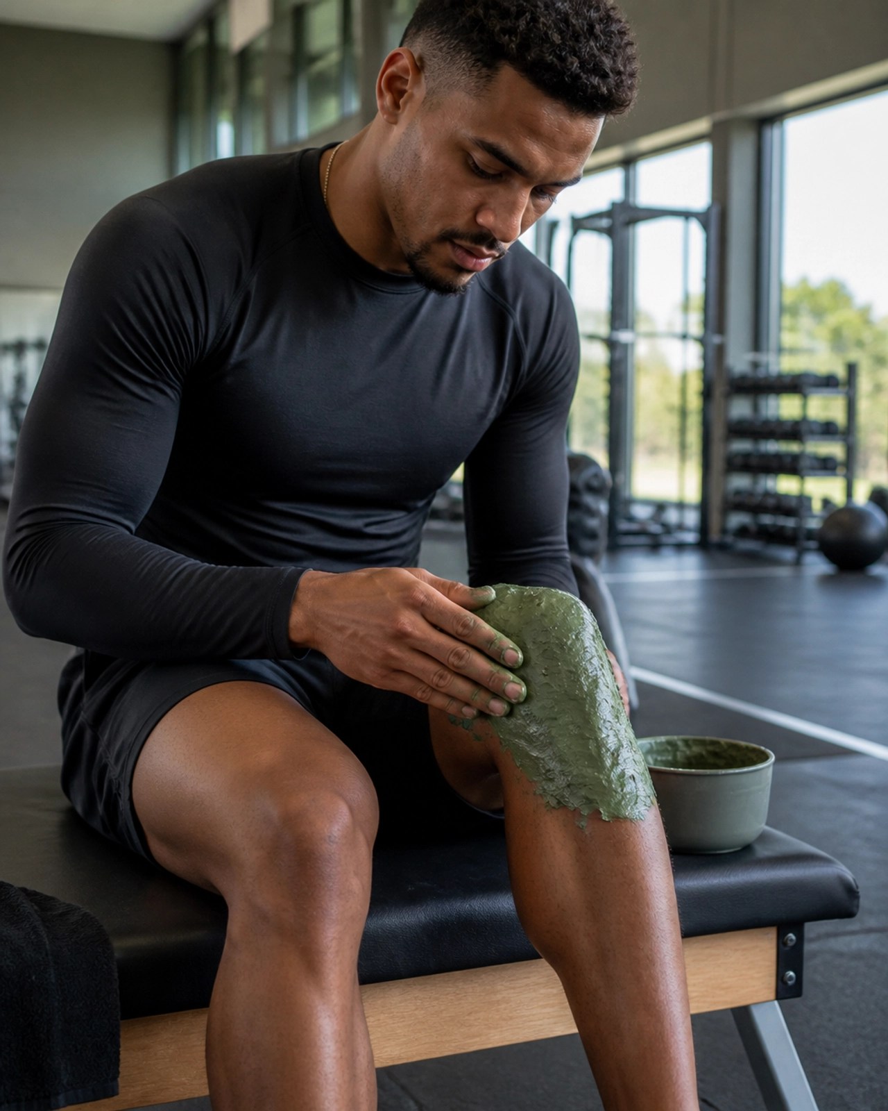 Athlete applying green clay to their knee for recovery