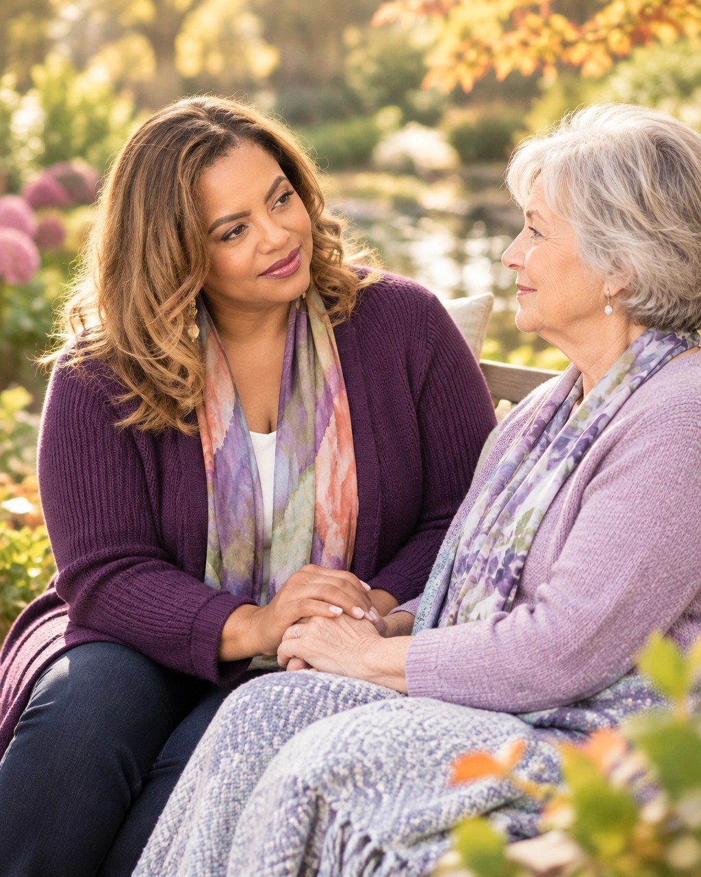 Caregiver and older woman sharing a supportive moment outdoors during treatment and survivorship