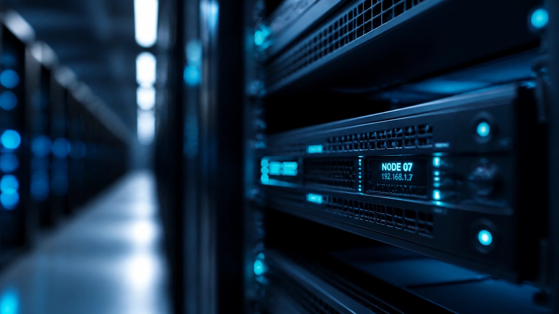 Sleek, high-end server rack in a modern facility with cyan LED lighting, representing resilient infrastructure.