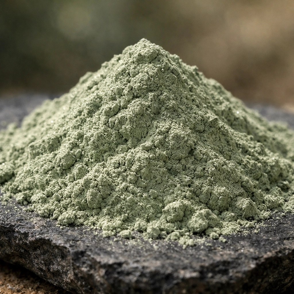 Finely milled French green clay powder on a natural stone, highlighting the mineral-rich texture of healing clay.