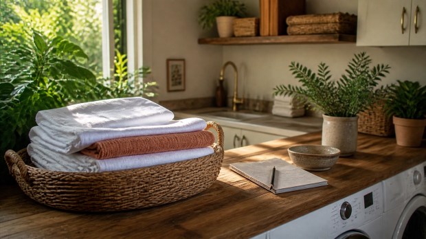 Freshly folded linens and towels arranged in a quiet, sunlit laundry room