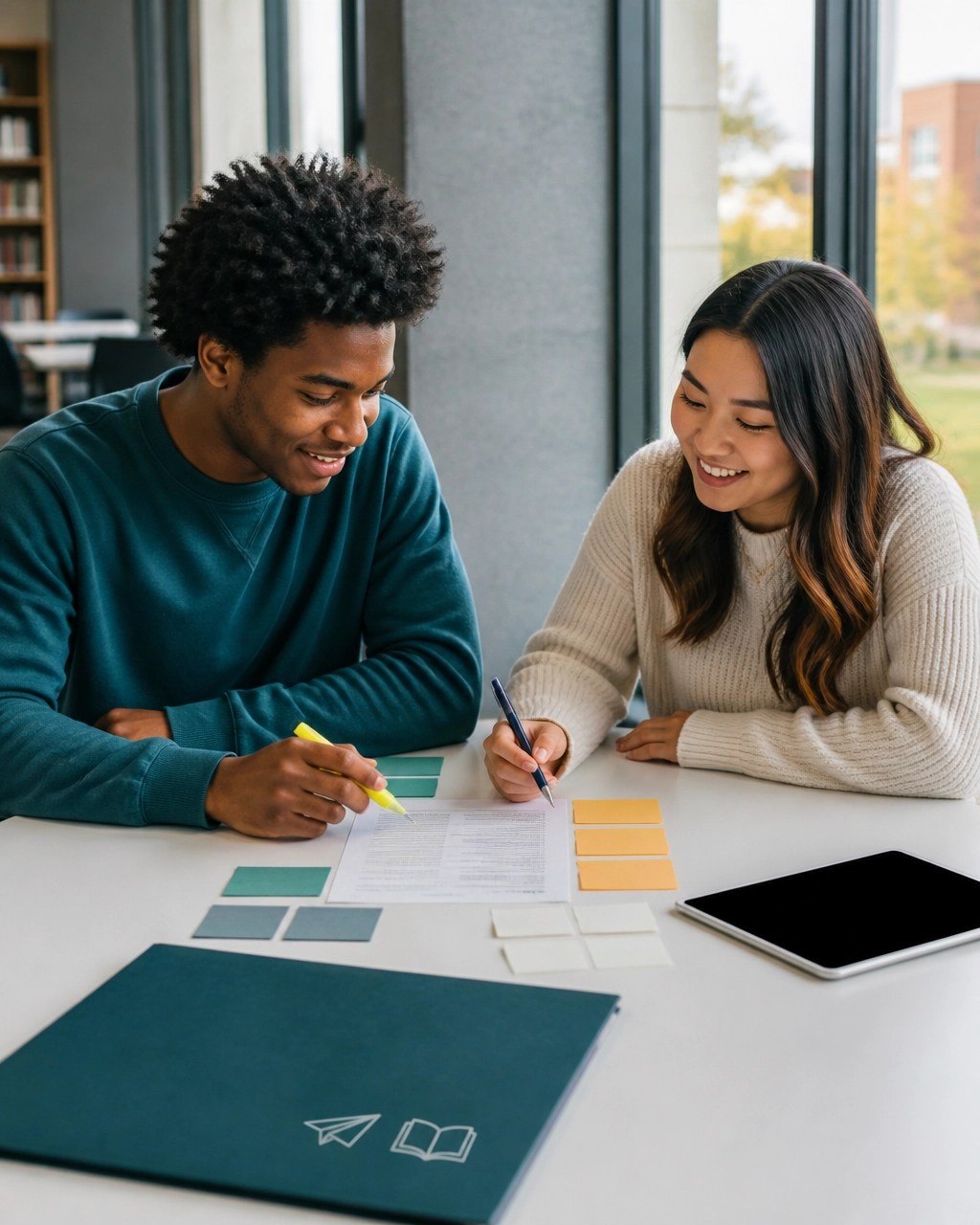 A student and mentor sorting a printed job description into categories with sticky notes and a blank tablet nearby