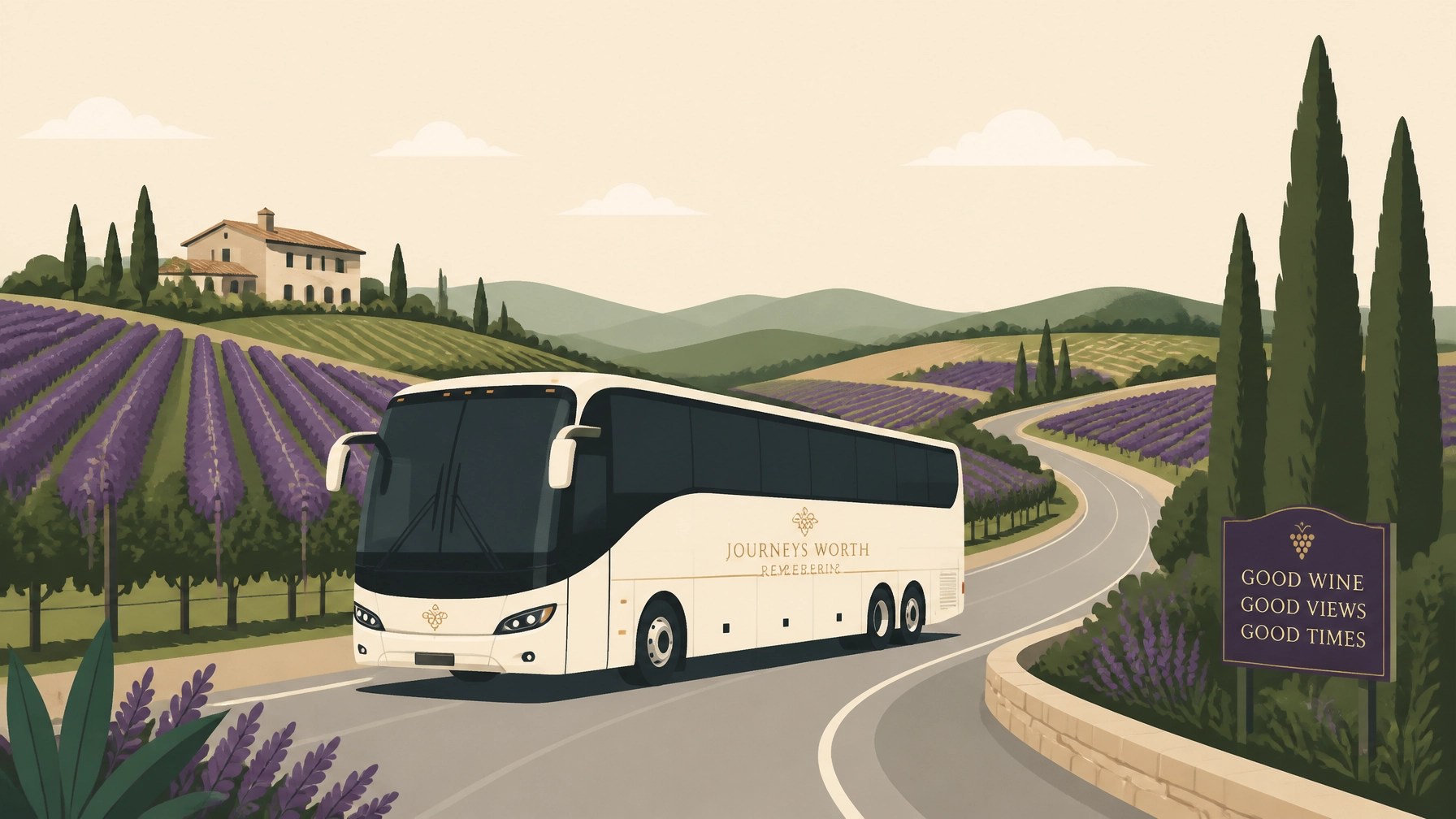 Minimalist flat illustration of a luxury tour bus driving through a winding road lined with purple and green vineyards