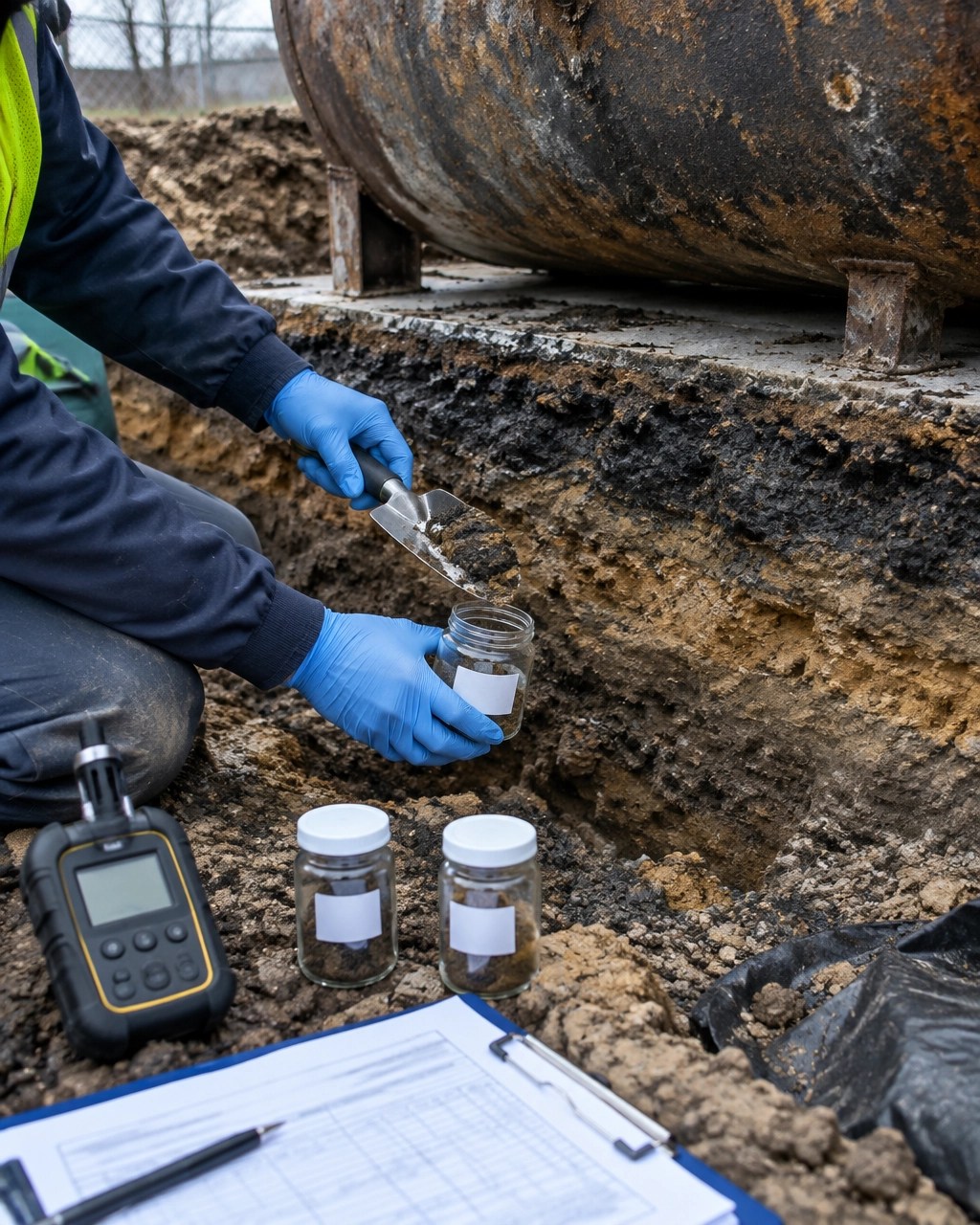 Environmental engineer collecting confirmation soil samples from a New Jersey tank excavation