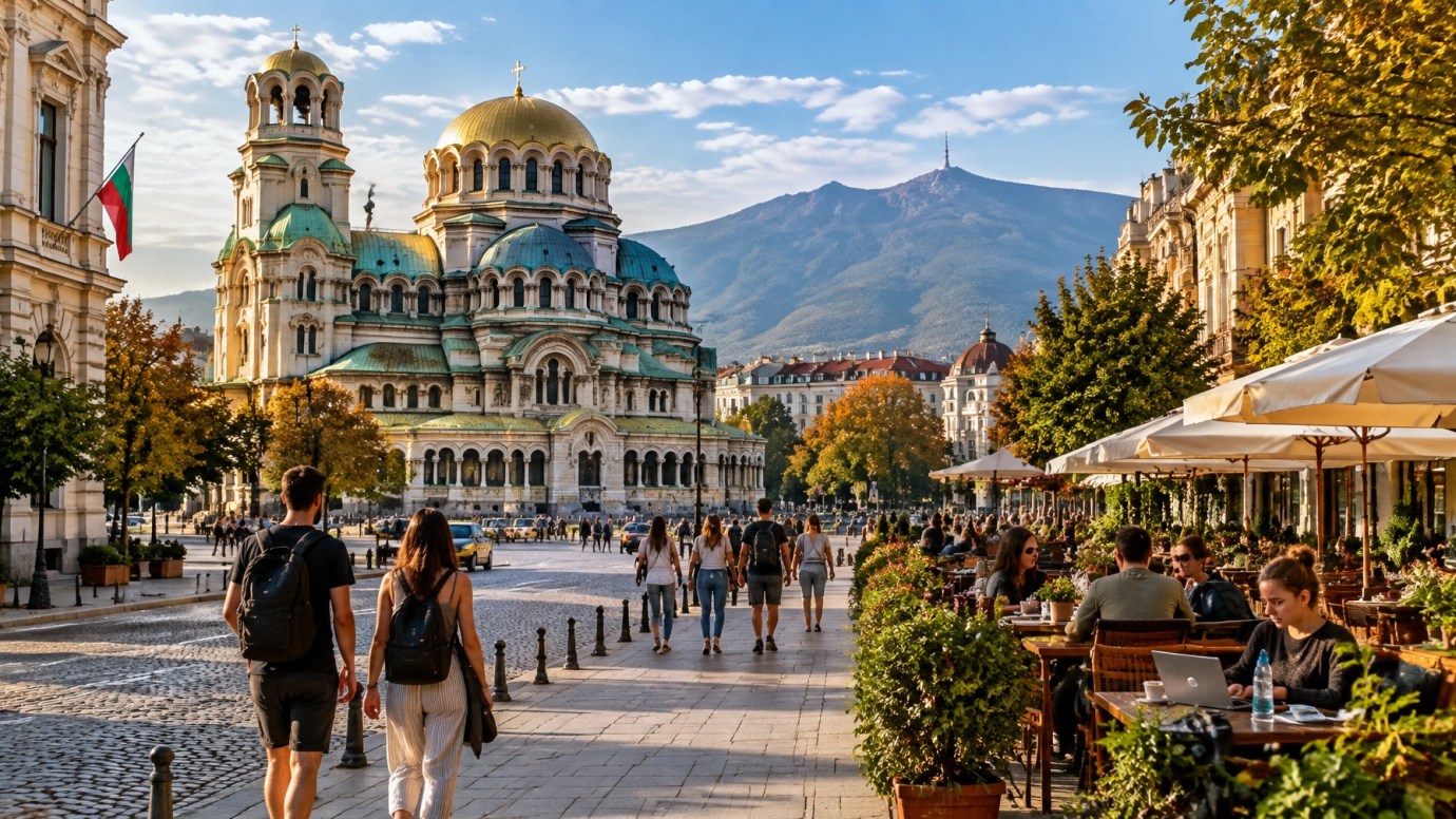 Sunlit Ohrid lakeside old town with blue water and mountains in early autumn