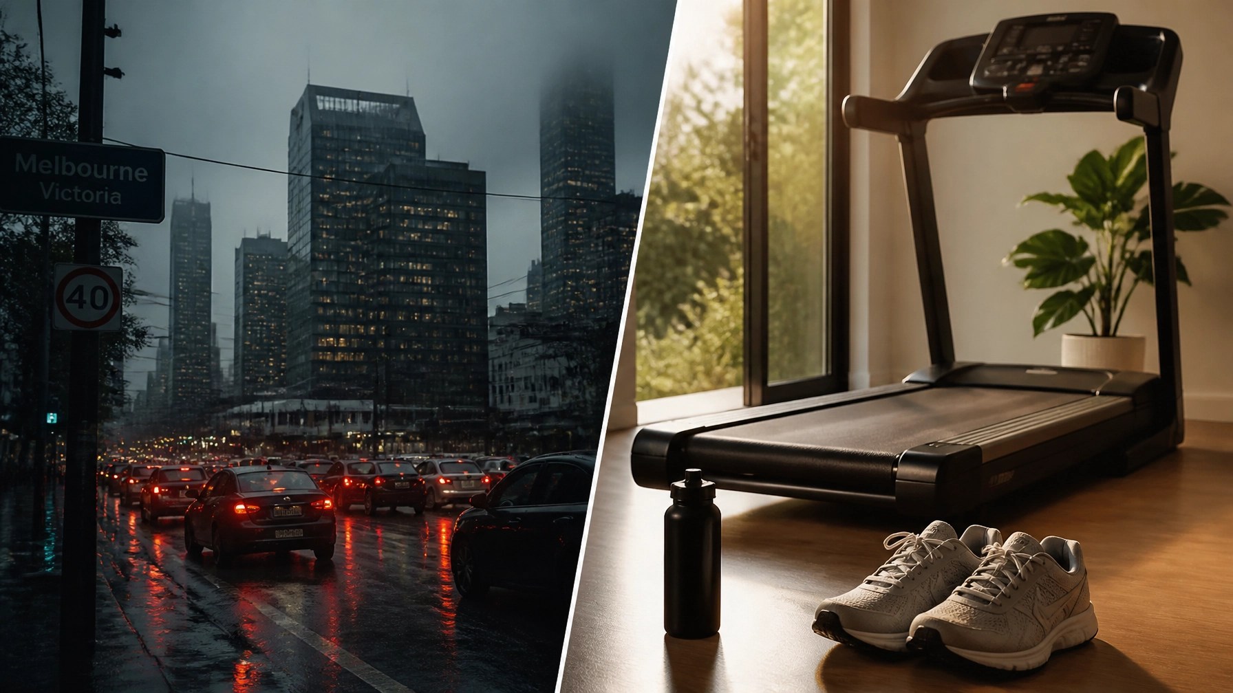 Comparison of rainy Melbourne street vs warm home treadmill setup