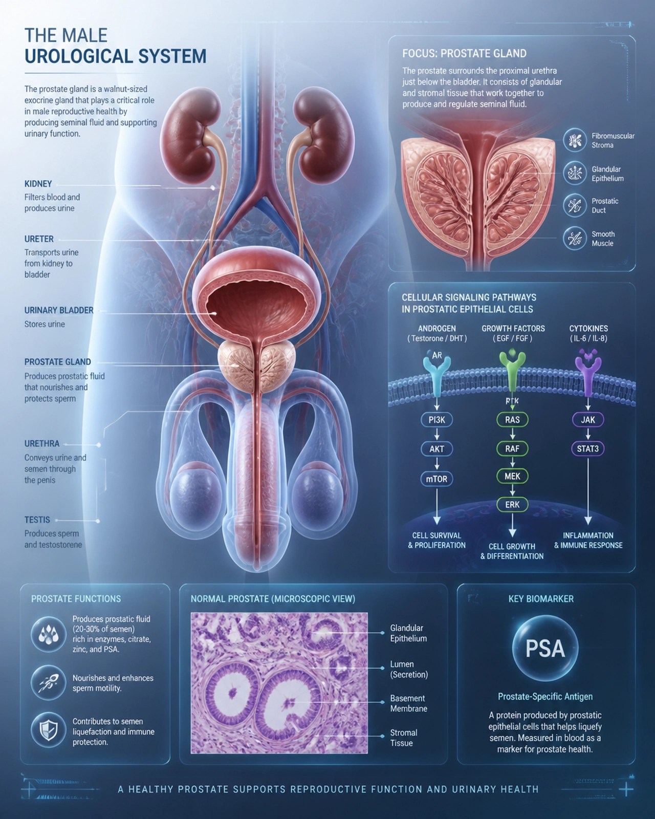 Professional medical illustration of the male urological system focusing on a healthy prostate gland